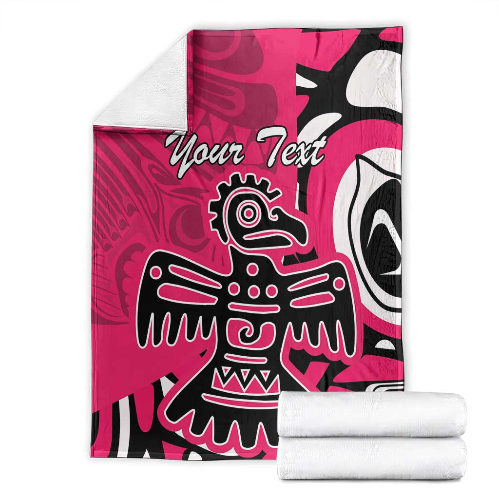 Pink throw blanket with white and black eagle graphic and 'Your Text', folded for display.