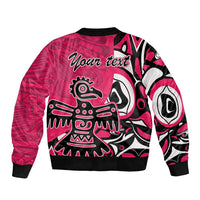Pink bomber jacket with ribbed cuffs, large graphic, and "Your text" design.