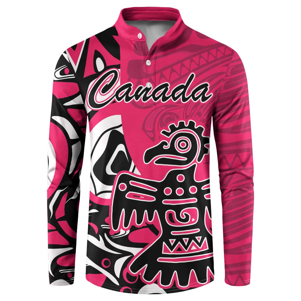Pink button-front sweatshirt with bold black-and-white Haida eagle graphic and Canada print