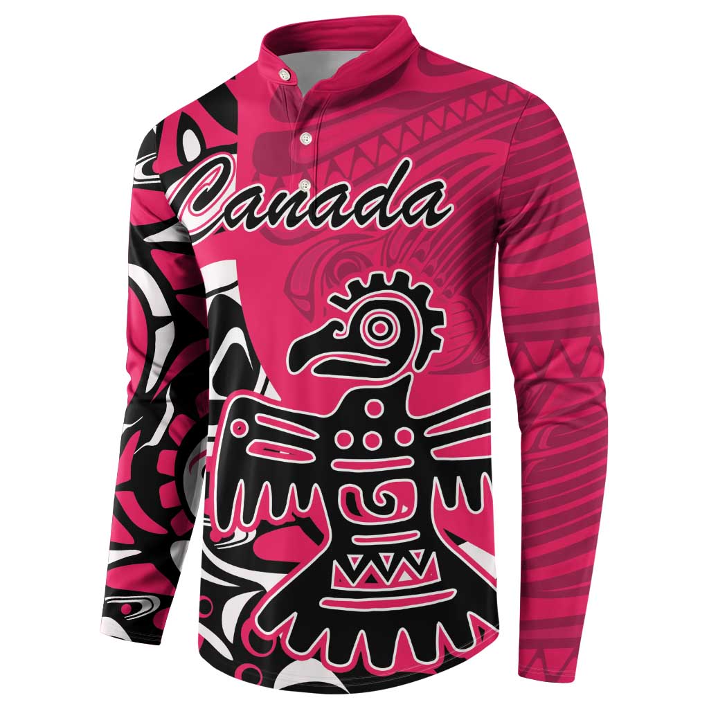 Pink button-front sweatshirt with large Haida eagle graphic and white Canada script
