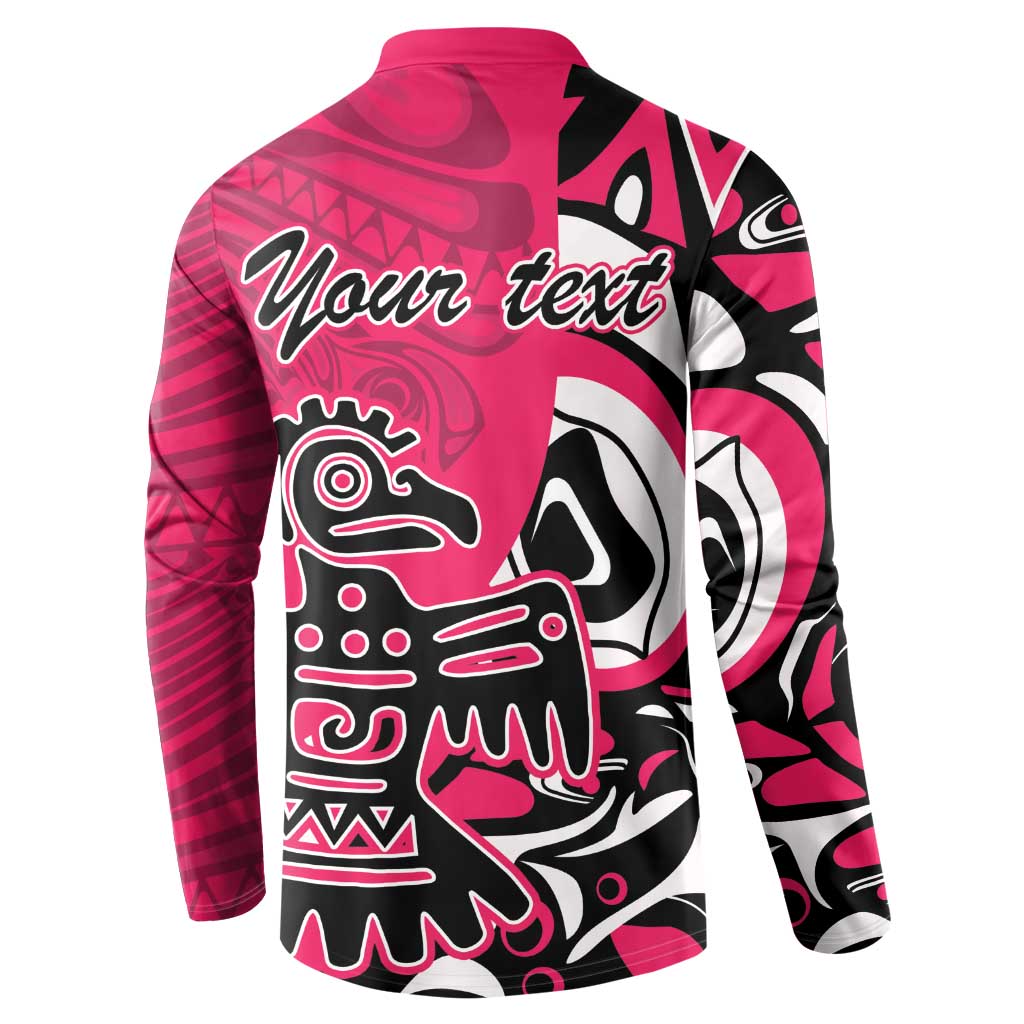 Pink button-front sweatshirt with back Haida eagle graphic and custom 'Your text'
