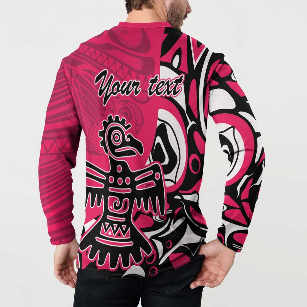 Pink button-front sweatshirt back view with custom 'Your text' and Haida eagle print