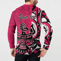 Pink button-front sweatshirt back view with custom 'Your text' and Haida eagle print
