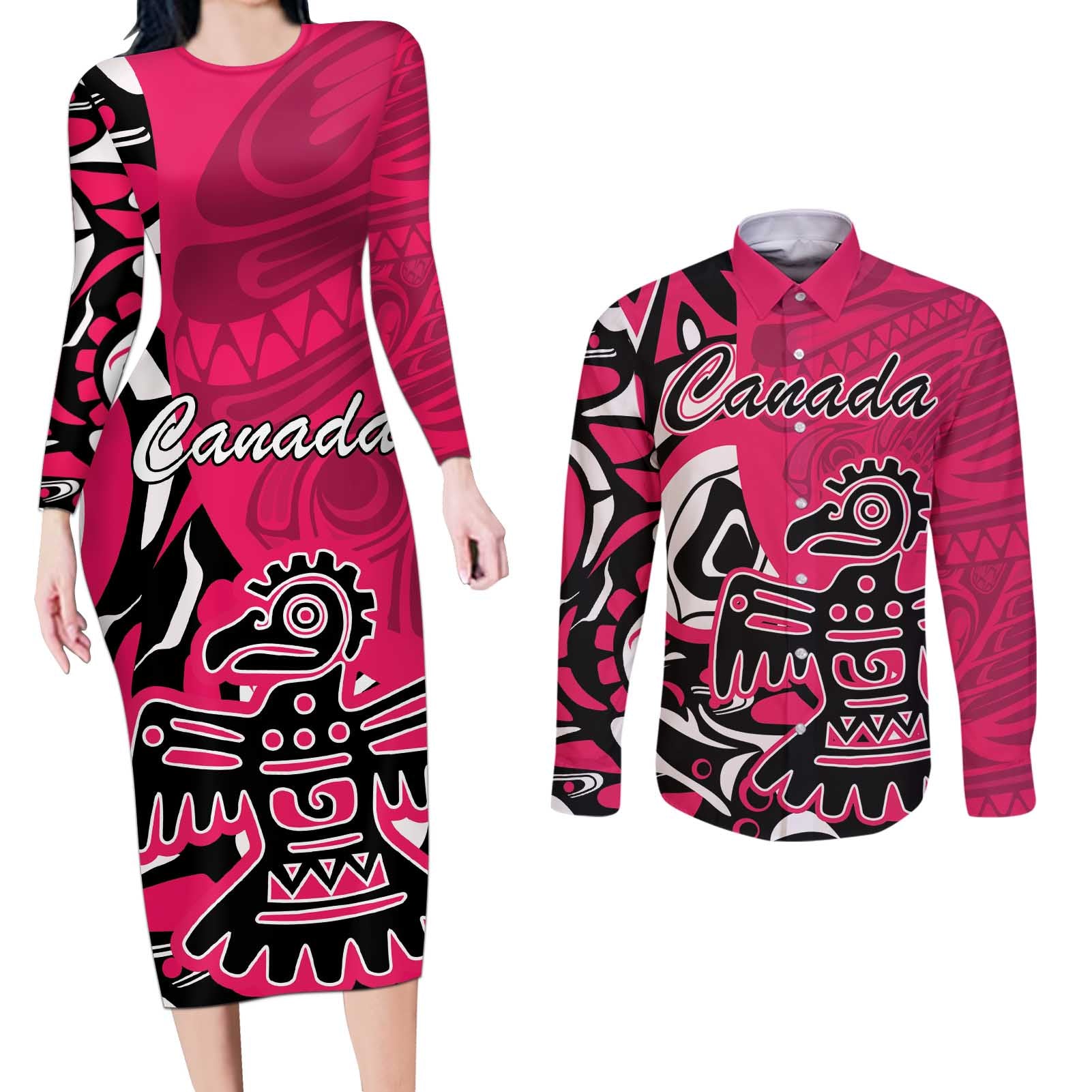 Personalized Canada Haida Eagle Couples Matching Long Sleeve Bodycon Dress and Long Sleeve Button Shirt Pink Style - Wonder Print Shop