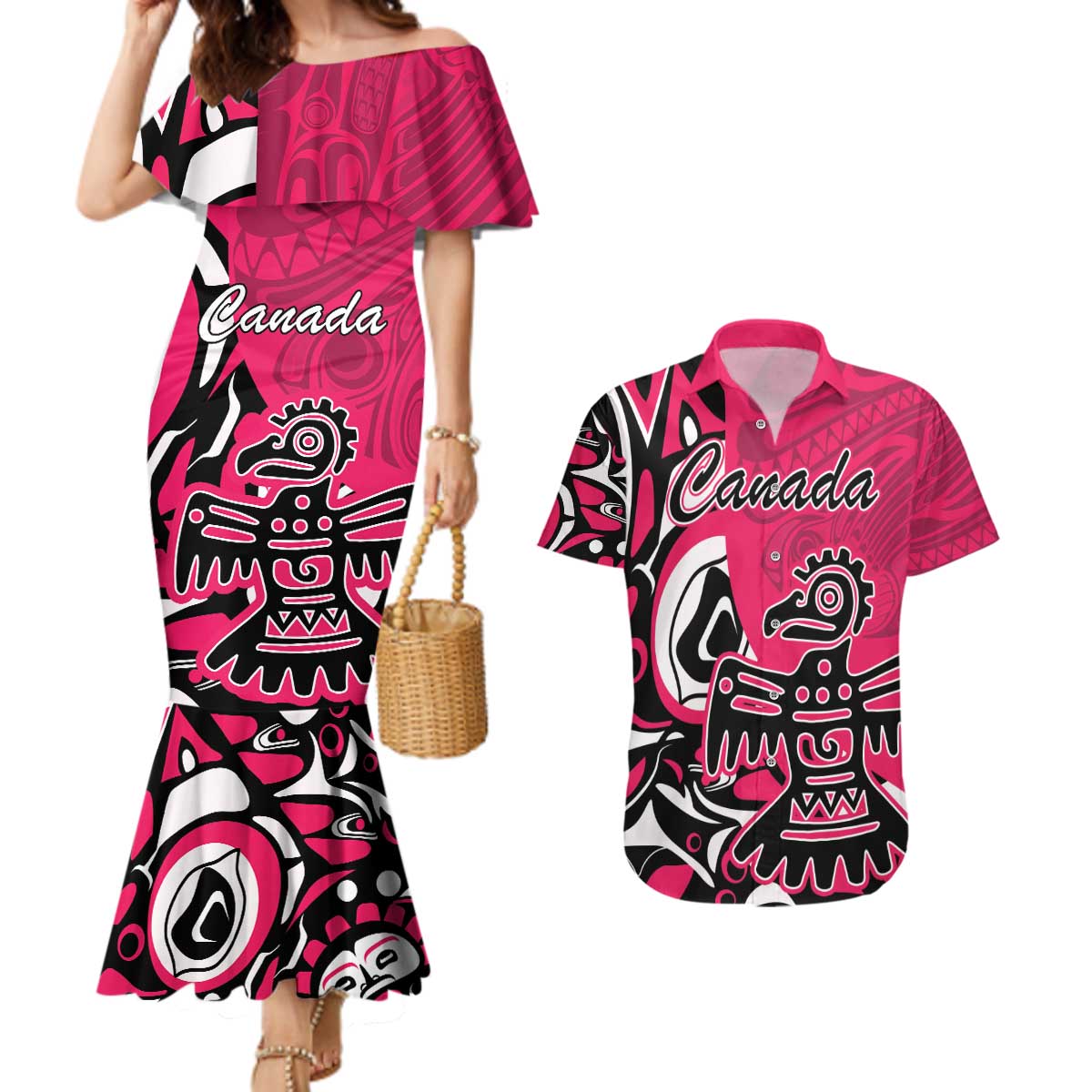 Personalized Canada Haida Eagle Couples Matching Mermaid Dress and Hawaiian Shirt Pink Style - Wonder Print Shop