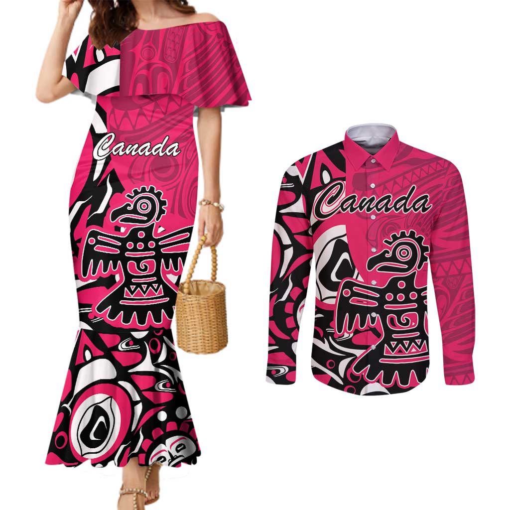 Personalized Canada Haida Eagle Couples Matching Mermaid Dress and Long Sleeve Button Shirt Pink Style