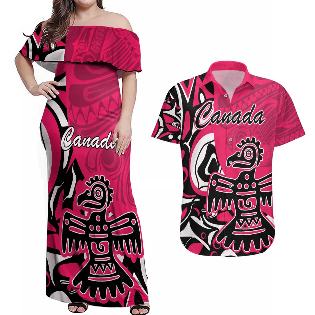 Personalized Canada Haida Eagle Couples Matching Off Shoulder Maxi Dress and Hawaiian Shirt Pink Style - Wonder Print Shop