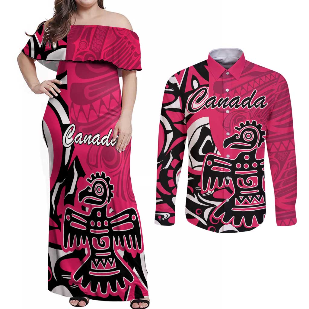 Personalized Canada Haida Eagle Couples Matching Off Shoulder Maxi Dress and Long Sleeve Button Shirt Pink Style - Wonder Print Shop