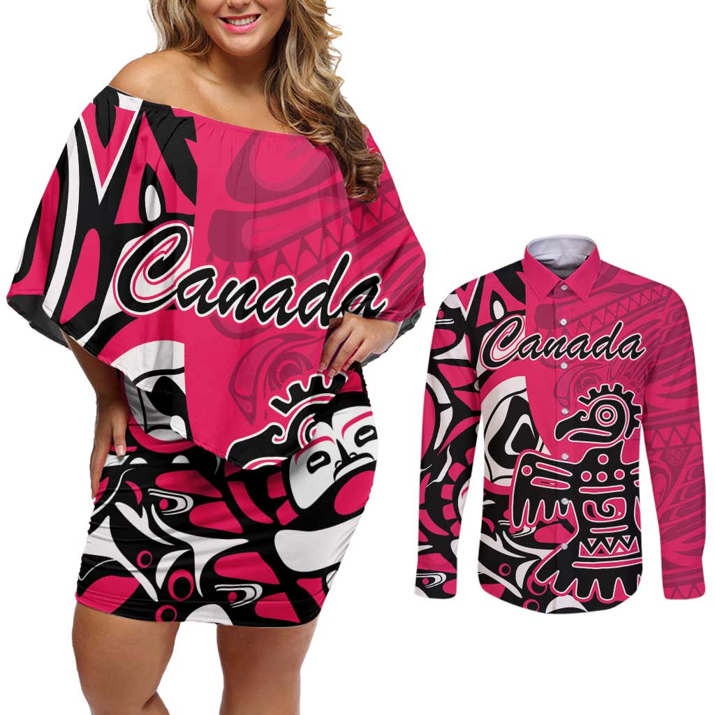 Personalized Canada Haida Eagle Couples Matching Off Shoulder Short Dress and Long Sleeve Button Shirt Pink Style - Wonder Print Shop