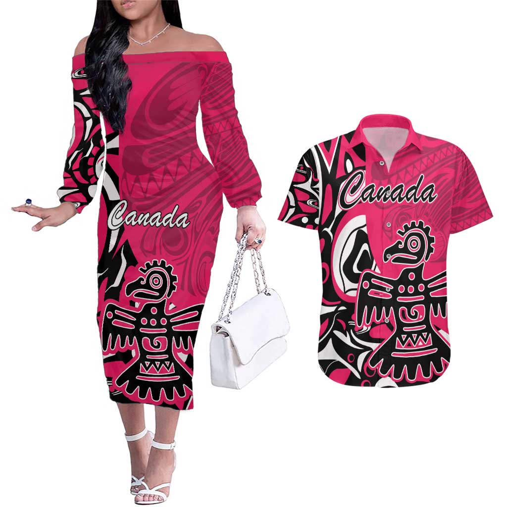 Personalized Canada Haida Eagle Couples Matching Off The Shoulder Long Sleeve Dress and Hawaiian Shirt Pink Style - Wonder Print Shop