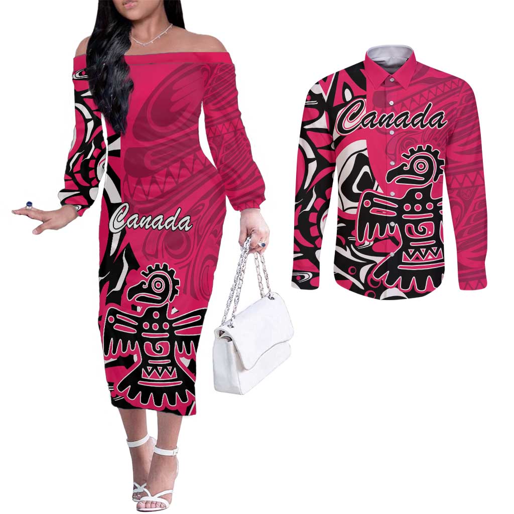 Personalized Canada Haida Eagle Couples Matching Off The Shoulder Long Sleeve Dress and Long Sleeve Button Shirt Pink Style