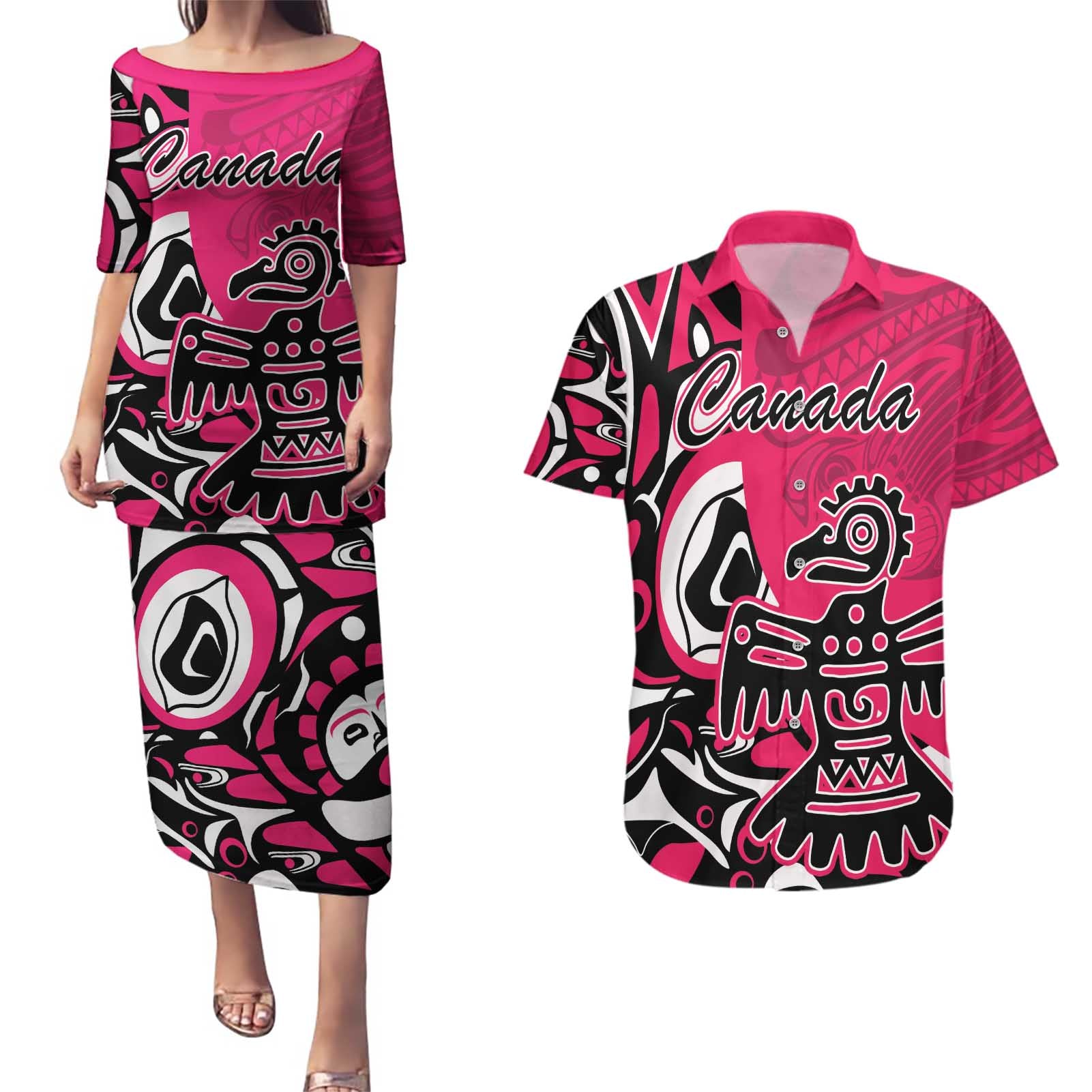 Personalized Canada Haida Eagle Couples Matching Puletasi and Hawaiian Shirt Pink Style - Wonder Print Shop