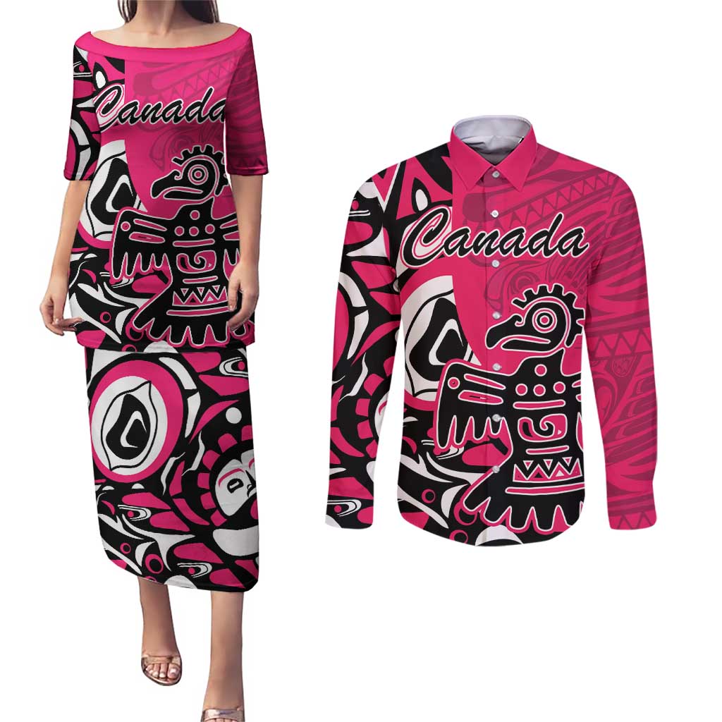 Personalized Canada Haida Eagle Couples Matching Puletasi and Long Sleeve Button Shirt Pink Style - Wonder Print Shop