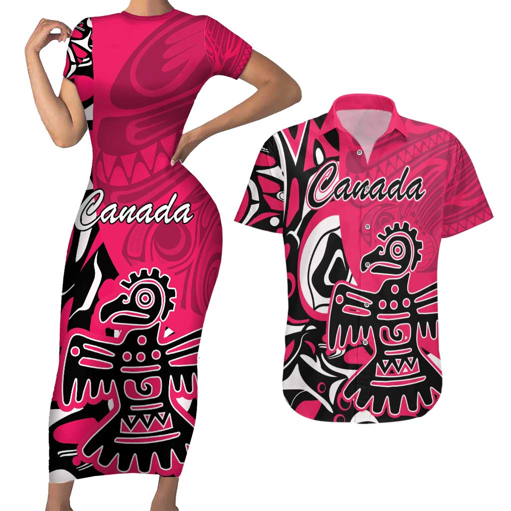 Personalized Canada Haida Eagle Couples Matching Short Sleeve Bodycon Dress and Hawaiian Shirt Pink Style - Wonder Print Shop