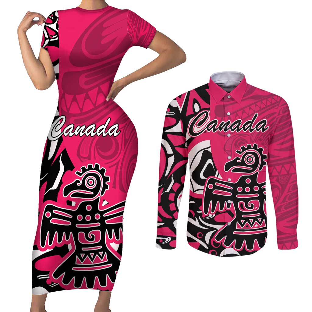 Personalized Canada Haida Eagle Couples Matching Short Sleeve Bodycon Dress and Long Sleeve Button Shirt Pink Style - Wonder Print Shop