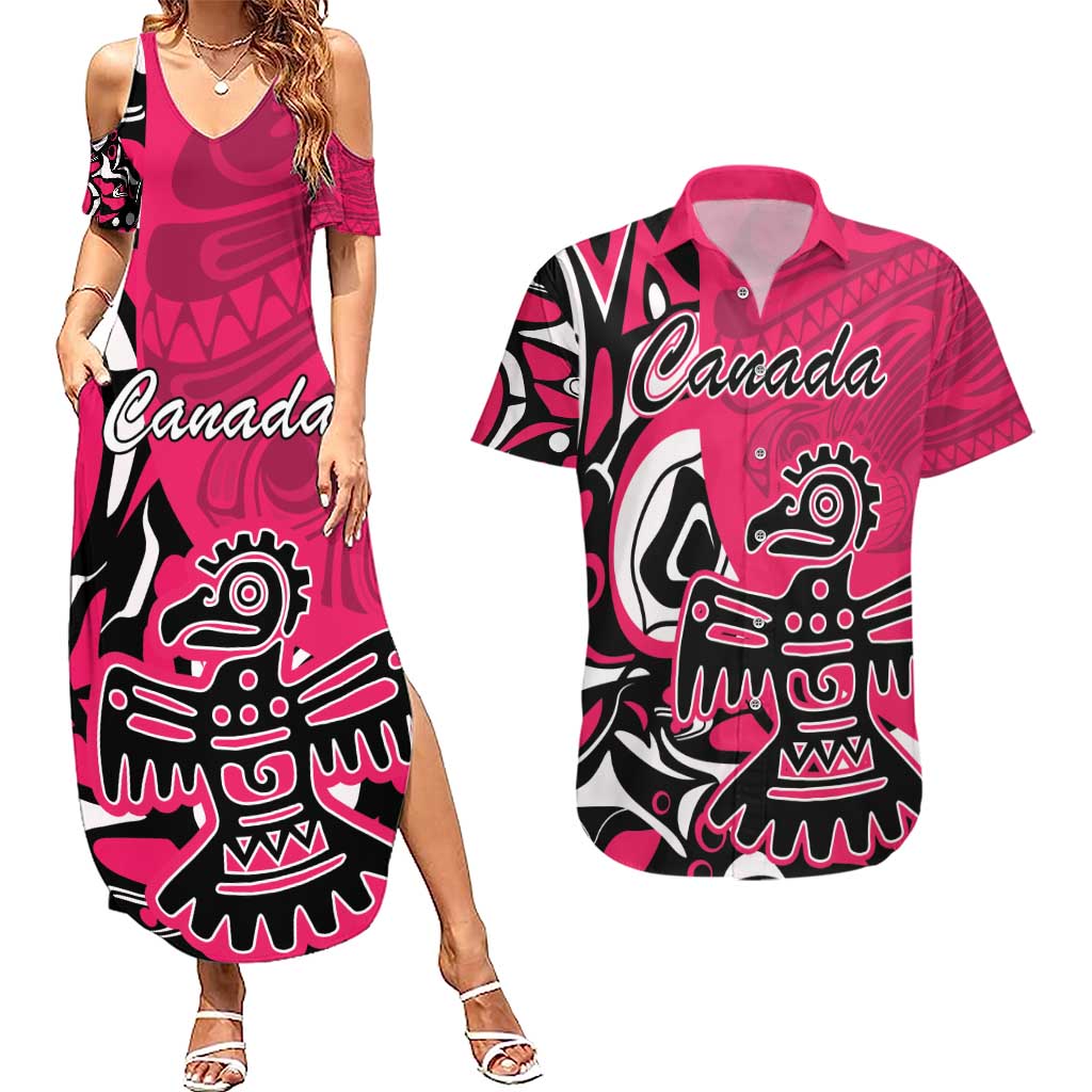 Personalized Canada Haida Eagle Couples Matching Summer Maxi Dress and Hawaiian Shirt Pink Style - Wonder Print Shop