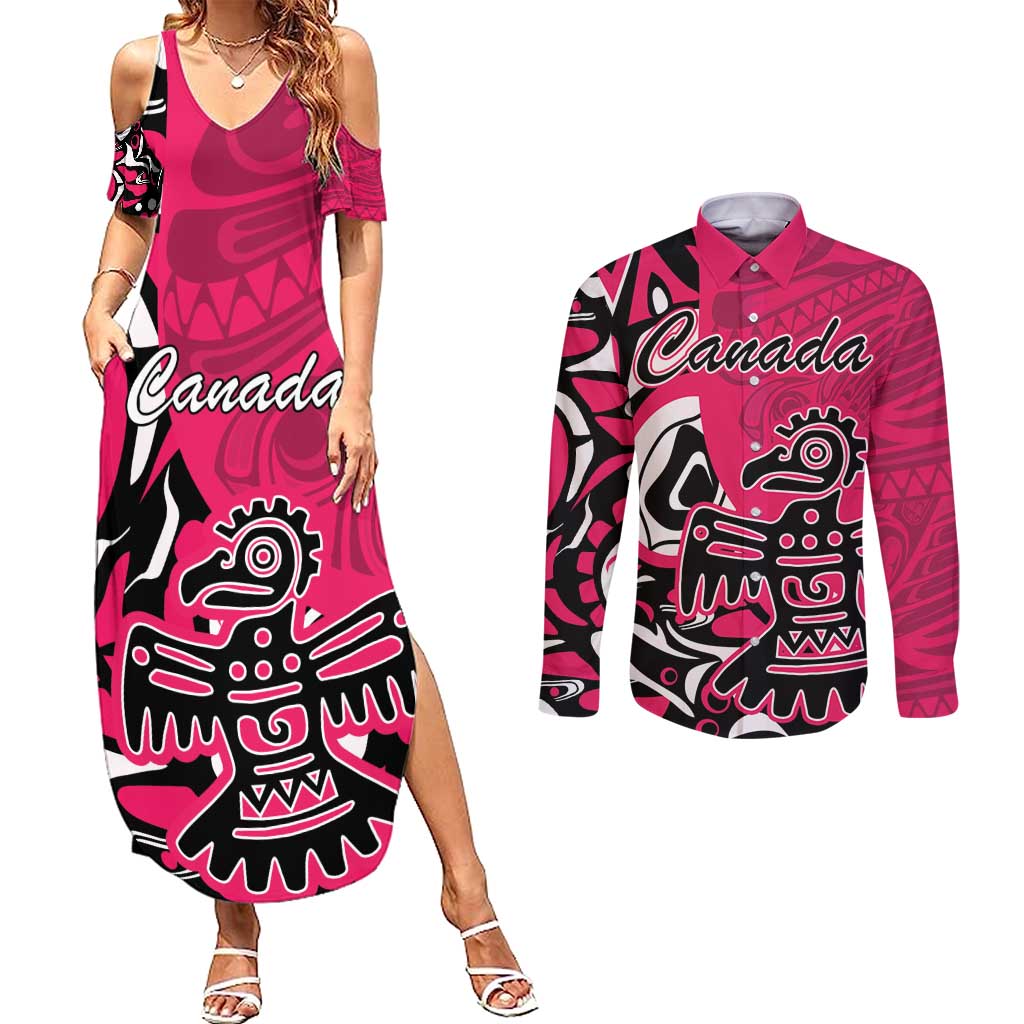 Personalized Canada Haida Eagle Couples Matching Summer Maxi Dress and Long Sleeve Button Shirt Pink Style - Wonder Print Shop