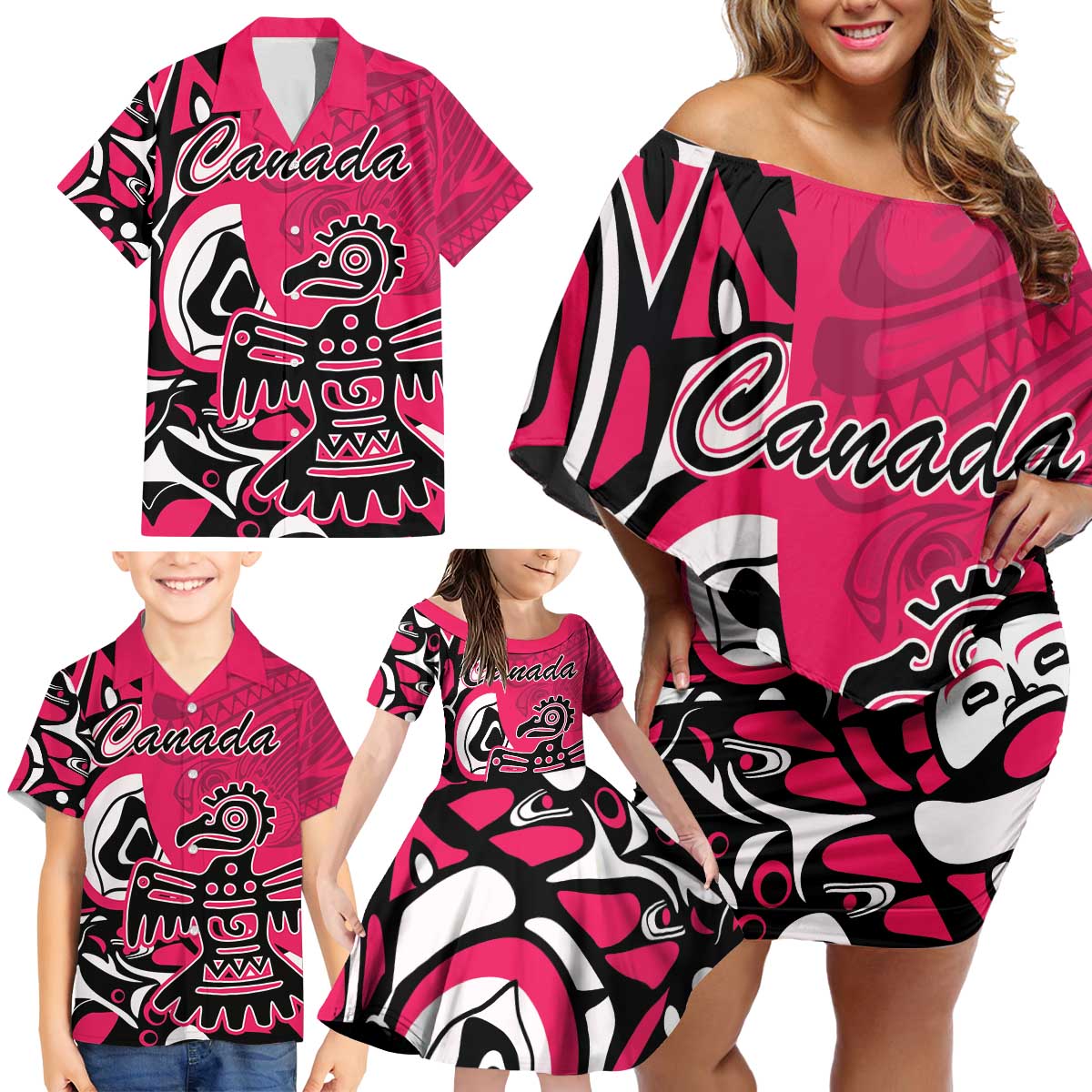 Personalized Canada Haida Eagle Family Matching Off Shoulder Short Dress and Hawaiian Shirt Pink Style - Wonder Print Shop