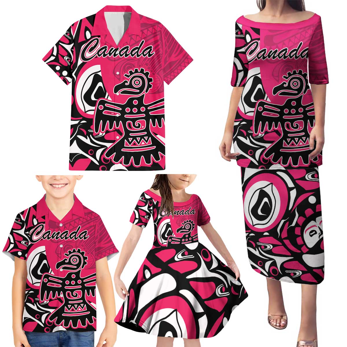 Personalized Canada Haida Eagle Family Matching Puletasi and Hawaiian Shirt Pink Style - Wonder Print Shop