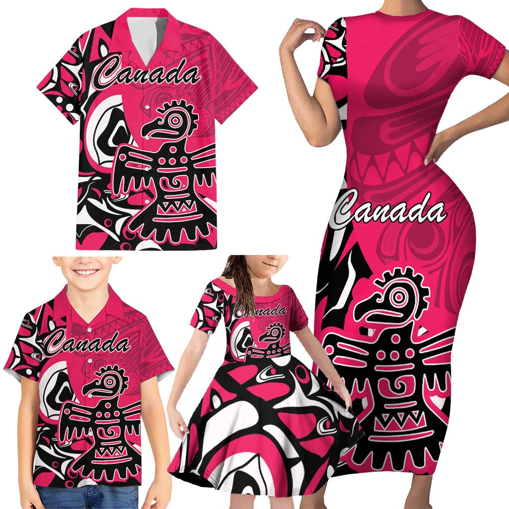 Personalized Canada Haida Eagle Family Matching Short Sleeve Bodycon Dress and Hawaiian Shirt Pink Style - Wonder Print Shop