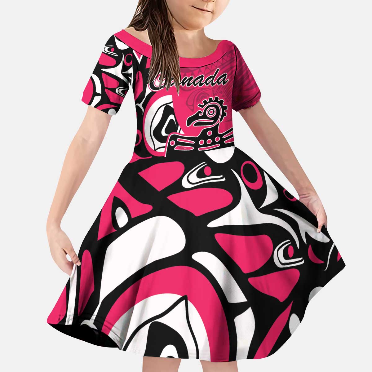 Personalized Canada Haida Eagle Kid Short Sleeve Dress Pink Style - Wonder Print Shop