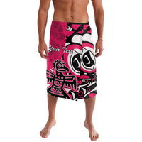 Pink and black tribal-patterned swim shorts with elastic waistband
