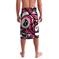 Pink and black tribal-patterned swim shorts, knee-length