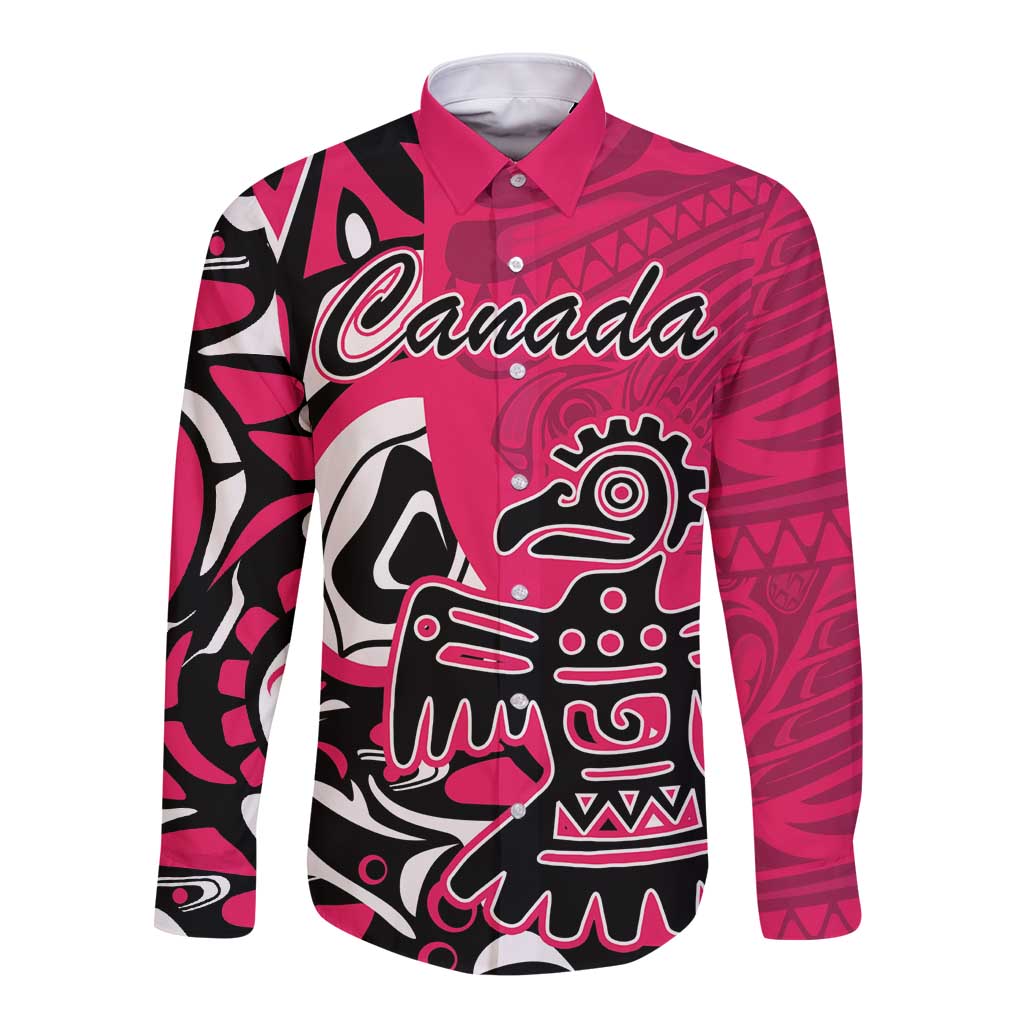 Pink long-sleeve button shirt with Canada and Haida eagle graphic, camp collar