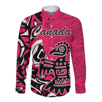 Pink long-sleeve button shirt with Canada and Haida eagle graphic, camp collar
