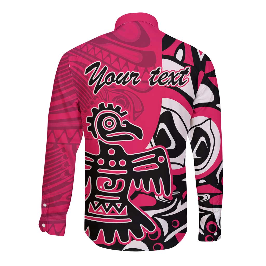 Pink long-sleeve button shirt with 'Your text' and Haida eagle back print