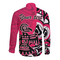 Pink long-sleeve button shirt with 'Your text' and Haida eagle back print