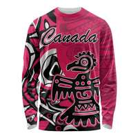 Pink long-sleeve shirt with bold Canada graphic and Haida-style eagle artwork