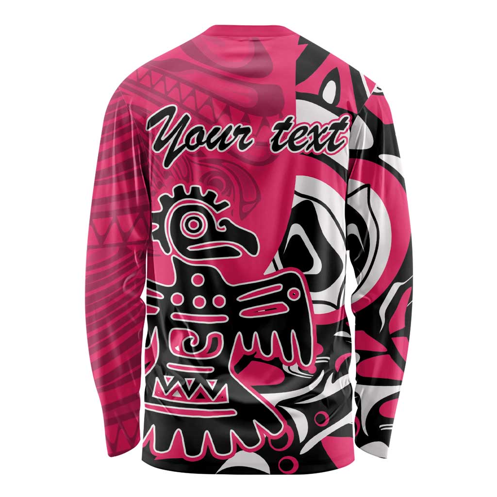 Pink long-sleeve shirt back with 'Your text' and Haida-style eagle graphic