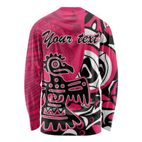 Pink long-sleeve shirt back with 'Your text' and Haida-style eagle graphic