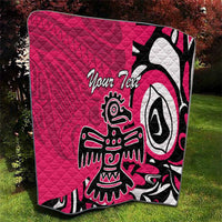 Pink quilt blanket with black and white eagle graphic and custom text shown on top