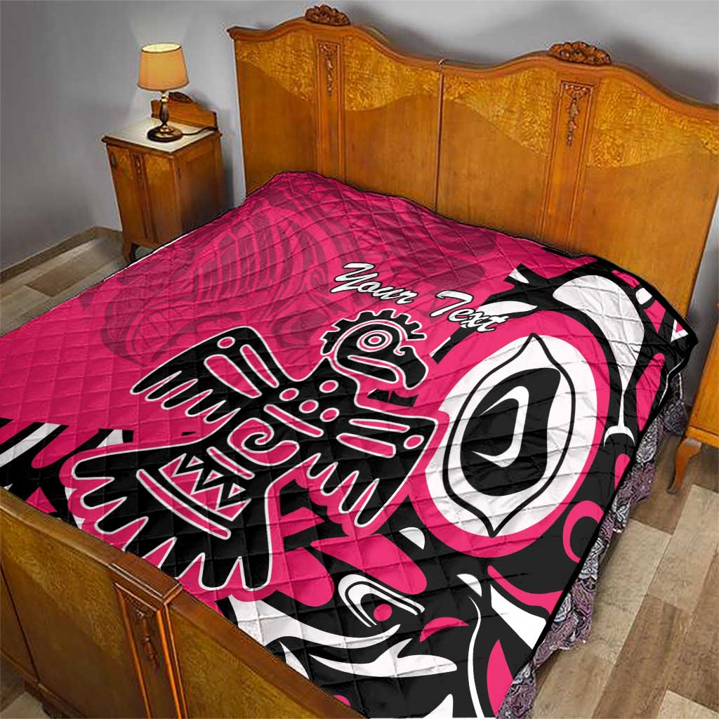 Pink quilt blanket on wooden bed, black and white eagle graphic with 'Your Text'