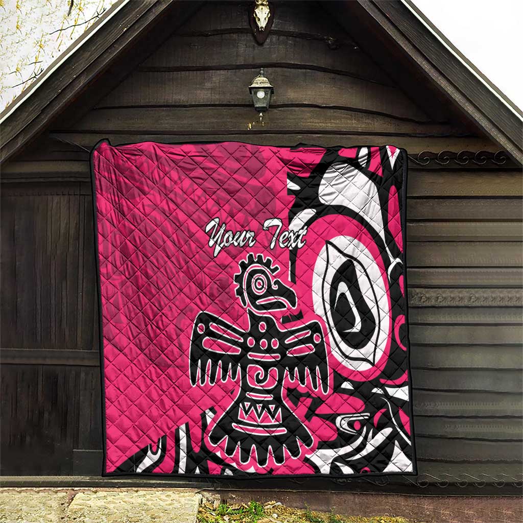 Pink quilt blanket on porch wall, black and white eagle graphic and 'Your Text'