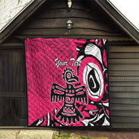 Pink quilt blanket on porch wall, black and white eagle graphic and 'Your Text'