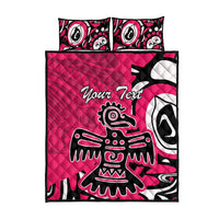 Pink quilt bed set with bold black-and-white eagle graphics and two pillowcases