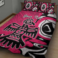 Pink quilt bed set featuring black-and-white eagle design with two pillowcases