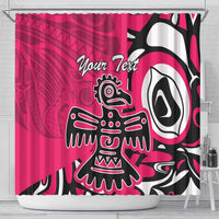 Pink shower curtain with tribal eagle and 'Your Text' print, centered white grommets