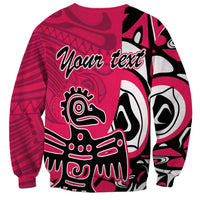 Pink crewneck sweatshirt with 'Your text' and Haida eagle graphic on back, long sleeves