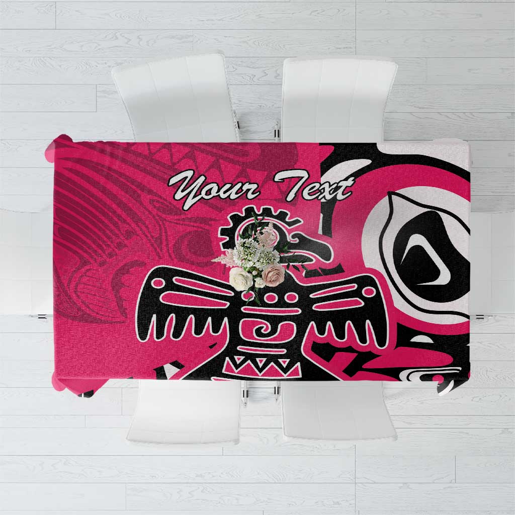 Pink patterned tablecloth with black-and-white eagle-style design and customizable text
