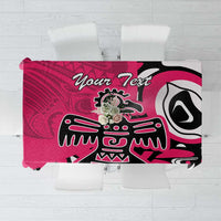 Pink patterned tablecloth with black-and-white eagle-style design and customizable text