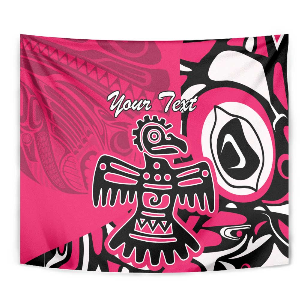 Pink personalized eagle tapestry close-up with black-and-white tribal artwork and text