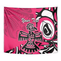 Pink personalized eagle tapestry close-up with black-and-white tribal artwork and text