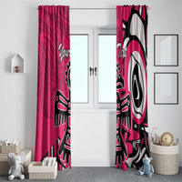Pink window curtain panels with black-and-white eagle artwork, styled on a pair of windows