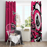 Pink window curtain set with black-and-white eagle motif, hanging on a top rod