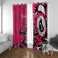 Pink window curtain panels with black-and-white eagle pattern, front view over living room