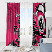 Pink window curtain set with bold black and white eagle graphic and tribal pattern